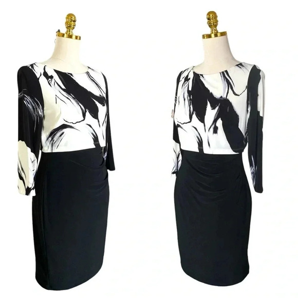 RALPH LAUREN Women’s Black White Floral Top 3/4 Sleeve Office Siren Dress Sz 6P - Picture 2 of 9